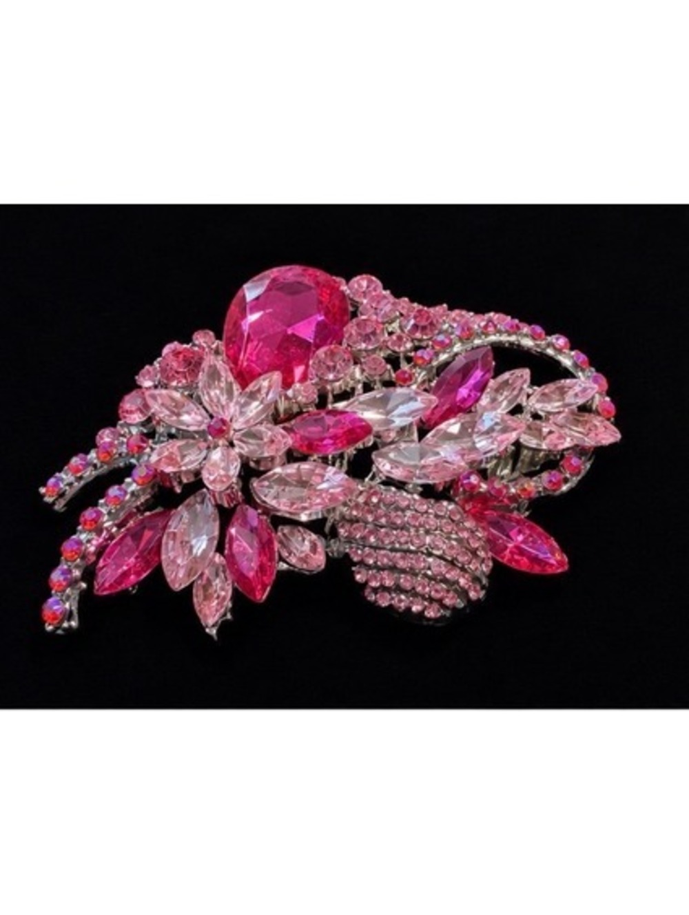 Vintage Inspired Pink Rhinestone Floral Brooch with Silver Tone Metal
